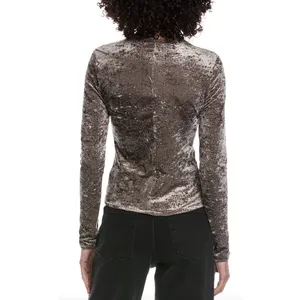 FRAME Crushed Velvet Long Sleeve Top Dusk Taupe Size‎ Medium thumbnail 10