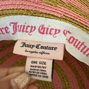 Juicy Couture‎ OS Pink Gold Stripe Straw Sun Hat Wide Brim Metallic Logo Beach thumbnail 3