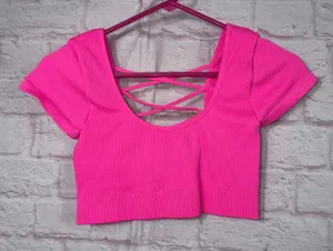 Aerie Medium Pink Ribbed Criss-Cross Back Crop Top thumbnail 1