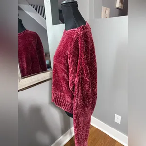 Altar’d State Red Chenille Cabincore Scalloped Hem Sweater Small thumbnail 3