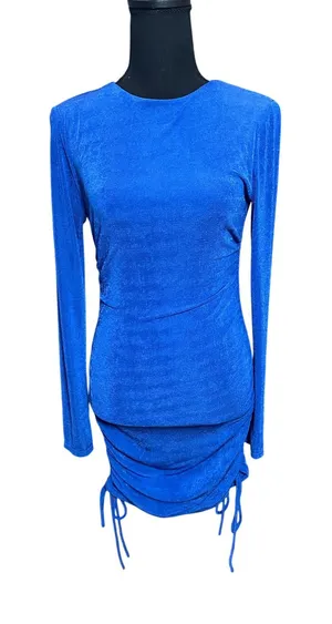 Lucy in the Sky Royal Blue Shimmer Ruched Open Back Mini Dress XS Long‎ Sleeve thumbnail 1