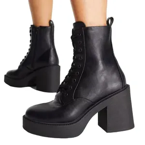 London Rebel Lace Up Chunky Platform Boots in Black, Size 7​​​​​​​ thumbnail 1
