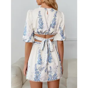 Shein White Plants Print Cut Out Tie Back Lantern Sleeve Boho A Line Dress Sz S thumbnail 2