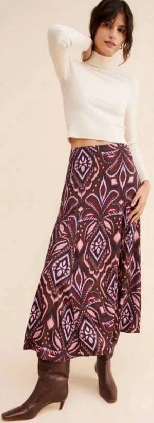 Farm Rio Bohemian Silky Satin Pineapple Ikat A-Line Midi Maxi Skirt Size Large thumbnail 1