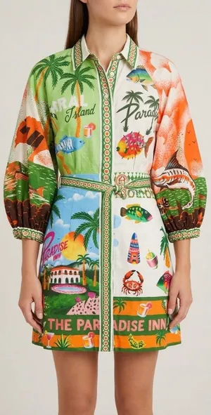 Tropical Patchwork Mini Dress XL Resort Print Designer Inspired Puff Sleeve thumbnail 1