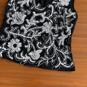 90s Vintage Cache Top Large Black White Beaded Sequin Floral Y2K Glam Whimsygoth thumbnail 11