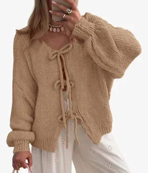 PRETTYGARDEN NEW Tan Tie Front Bow Cardigan Sweater Chunky Knit Long Sleeve L thumbnail 1