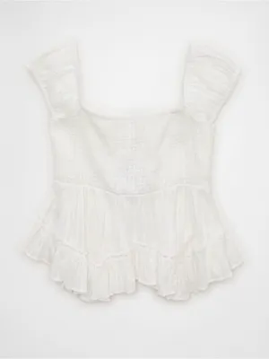 American Eagle Outfitters White Button-Front Ruffle Peplum Top thumbnail 2