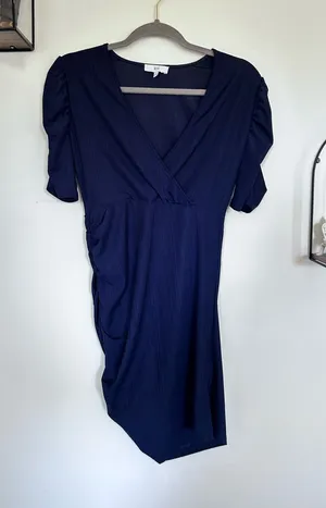 NSR Navy Blue Crimped V Neck Ruched Half Sleeve Mini Dress Size Small thumbnail 1