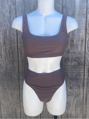 Mocha Brown Scoop Neck High Waisted 2 Piece Swim Bikini Set Size S thumbnail 1