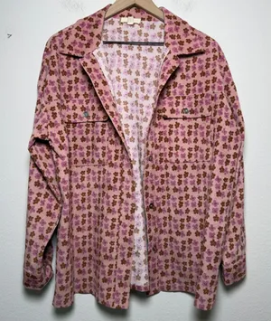 Entro Women Bloom Corduroy Button Up Shacket Top Small Pink Floral Western Boho thumbnail 1