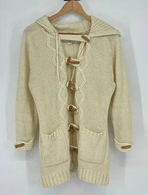 Vintage Monarch Knits Cable‎ Knit Hooded Toggle Cardigan Sweater Ivory Size L thumbnail 1