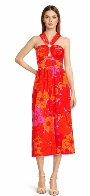 NWT J. Marie Lizzie Ric Rac Orange Floral Pink Preppy Summer‎ Midi Dress thumbnail 1