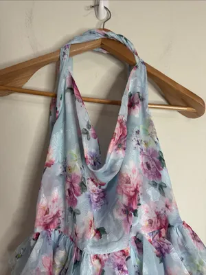 Lulus Trending Adorable Light Blue Floral Tiered Halter Mini Chiffon Dress sz L thumbnail 4