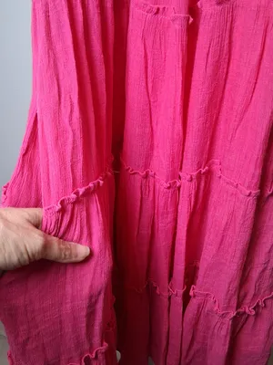 &merci Hot Pink Tiered Midi Dress w/ Short Sleeves Pockets Lined Women's Size L thumbnail 15