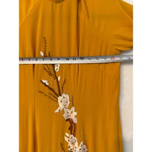 Vietnamese Ao Dai Tunic Mustard Yellow Floral Embroidered Beaded Gown Dress S/M thumbnail 6