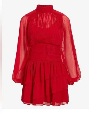 Express mock neck long sleeve ruffle mini dress thumbnail 1