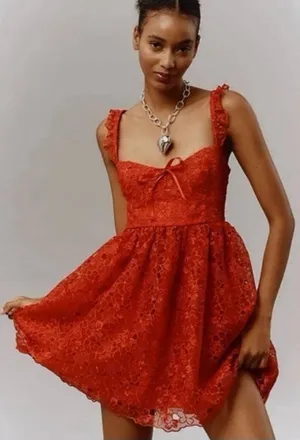 Anthropologie Ruffle Strap Corset Lace Mini Dress Lipstick Red Coquette NWT XL thumbnail 1