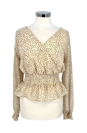 Japna Boho Romantic Peplum Retro Surplice Dot Blouse Cream Beige Size Medium thumbnail 1