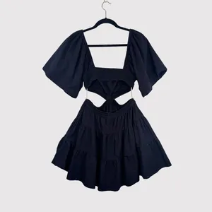 Free People Mini Dress Black Cross Of Sunlight Cutout Waist Smocked Tiered Small thumbnail 3