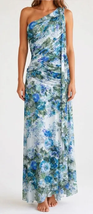 BHLDN One-Shoulder Scarf Maxi Dress, Blue Floral, Medium thumbnail 1