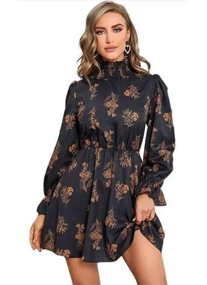 NEW Floerns Mock Neck Long Sleeve Floral Print Ruffle Mini Dress L thumbnail 1