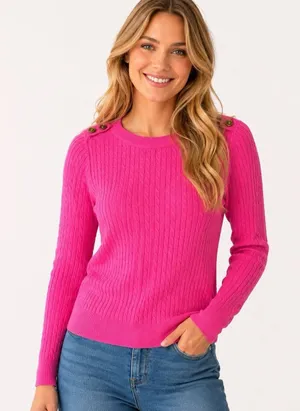 Lauren Ralph Lauren Petite Small Cable Knit Sweater Pink Gold Button Old Money thumbnail 1