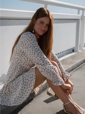 Cotton On Floral Pepa V-Neck Long Sleeve Mini Dress Ditsy Pink Sand Small thumbnail 2