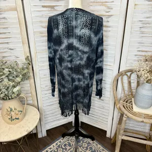 XCVI Women's L Cotton Fringe Open Crochet Knit Cardigan Sweater Bleached Tie Dye thumbnail 5