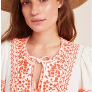 Anthropologie Maeve Louisa Cream Bohemian Long Sleeve Top with Coral Embroidery thumbnail 3