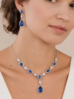 NIB!EleQueen Women Cubic Zirconia Teardrop Y-Necklaces Dangle Earrings Set thumbnail 1