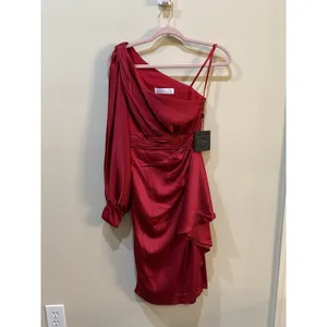IEENA Mac Duggal SATIN ONE SLEEVED COCKTAIL DRESS Raspberry Size 6 thumbnail 3