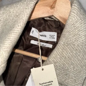 Mango Wool Blend Herringbone Double Breasted Coat Neutral Beige Medium New NWT thumbnail 11