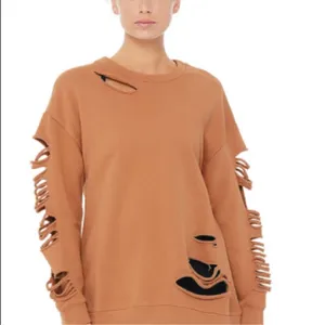 ALO Yoga Fade Distressed Pullover Crewneck Sweatshirt Womens Small Tan thumbnail 8