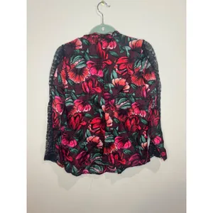 Sandro Paris Red Floral Mock Neck Blouse Black Lace Sleeves Silk Blend sz 1 thumbnail 3