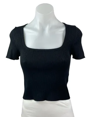 Madewell Women's Black Ribbed Knit Square Neck Sculpt T Shirt Crop Top Size S thumbnail 1