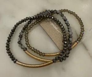 Gold and Gray Beaded Stretch Bracelet Set thumbnail 1