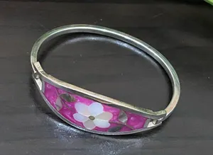 Vintage Alpaca Mexico Mexican Silver Mother of Pearl Inlaid ID Cuff Bracelet thumbnail 6