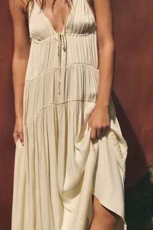 Zara Butter Pale Yellow Spaghetti-Strap Maxi Dress Bohemian Flowy Summer thumbnail 5
