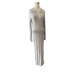 H&M NWT Rib Knit Dress Women's M Beige Tan V Neck Collared Bodycon Midi thumbnail 7