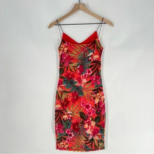 Papaya‎ Coral Green Mesh Tropical Floral Print Spaghetti Strap V-Neck Mini Dress thumbnail 6
