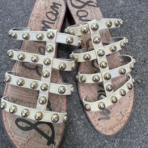 Sam Edelman Women Ivory Leather Studded Cage Slide Sandals Cork Block Heel Sz 8 thumbnail 9