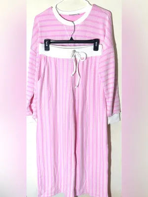 Zenana Raised Rib Striped Pullover & Wide Leg Pants Set Womens Lt Pink Sz Medium thumbnail 2