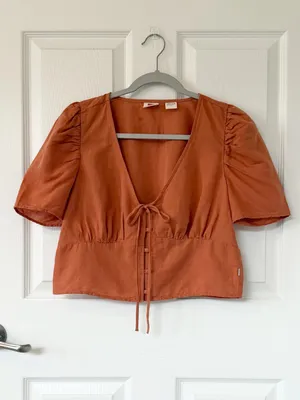 Levi's Luisa Linen Blend Rust Orange Cropped Puff Sleeve Top with Bow Tie Front thumbnail 3