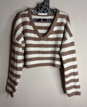 Altar'd State V-Neck Cropped Striped Sweater in Brown and Cream size small thumbnail 1