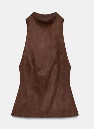 Zara Brown Suede Sleeveless High Neck Halter Top thumbnail 1