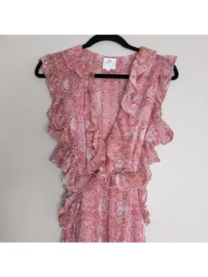MISA Nastasha Maxi Dress L Ruffle Side Cut Out Floral Tiered Sleeveless Sheer thumbnail 6