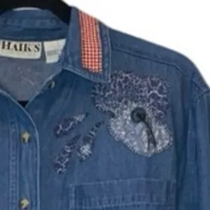 Vintage Santa Claus Embroidered Denim Button-Down Whimsical Folk‎ Art Haiks Med thumbnail 4