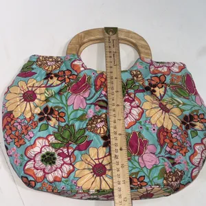 Vtg 2000s Vera Bradley Silk Quilted Floral Handbag Wooden Handles Pink Lining thumbnail 14