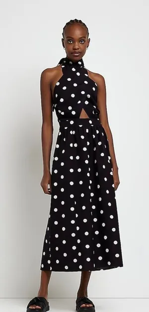 River Island Black & White Polka Dot Midi Halter Dress thumbnail 1